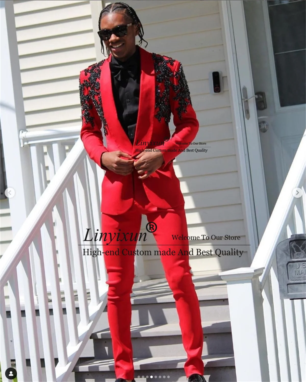 Elegant Applique Beaded Men Suits Red 2 Pieces Sets Wedding Groom Tuxedos Slim Fit Male Prom Blazers 2 Pieces Costume Homme