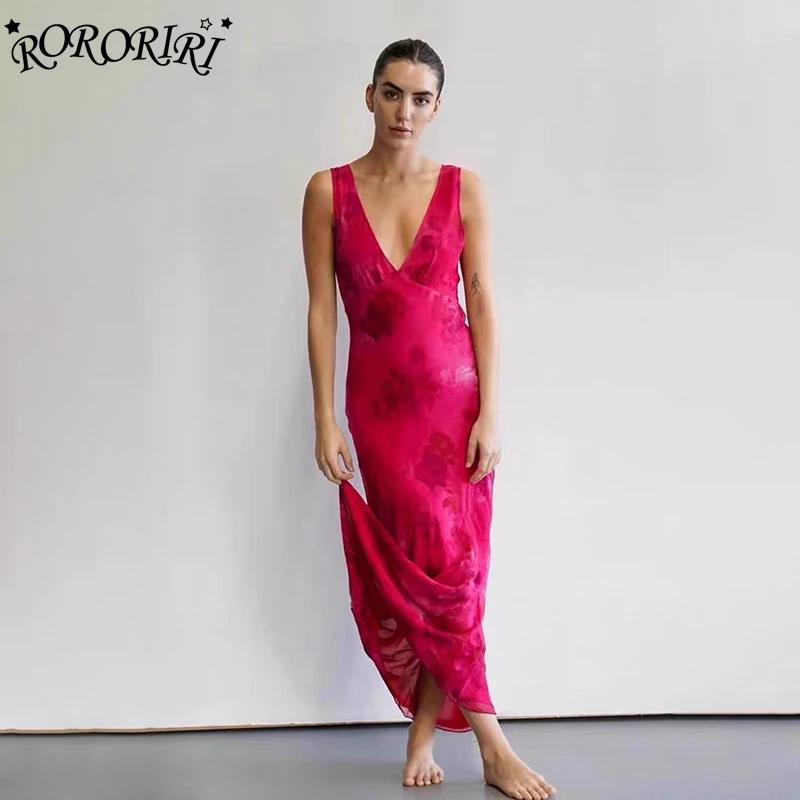 RORORIRI ลายดอกไม้คอวีชิ้นเดียวผู้หญิงแขนกุดริบบิ้นเดรปโรแมนติกร็อสชีฟองชุดยาวปาร์ตี้เสื้อผ้าฤดูร้อน