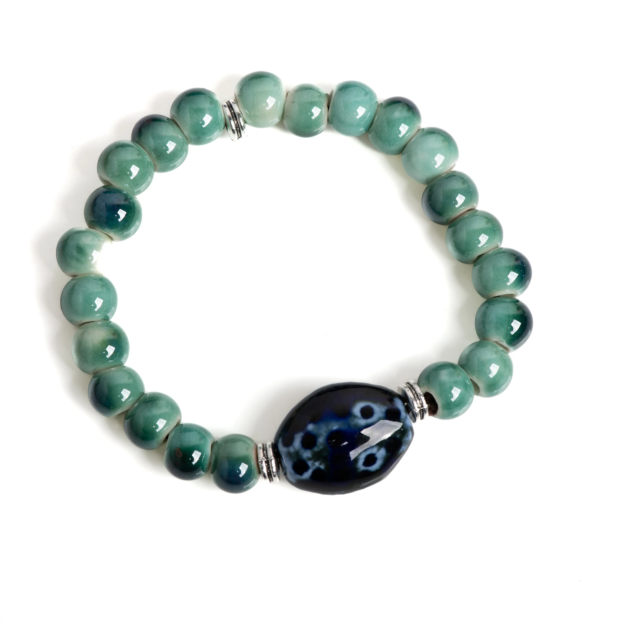 Green Ceramic Beaded Bracelet Handmade Stretch Bracelet with Blue Accent Stone Unisex Jewelry Vintage Style