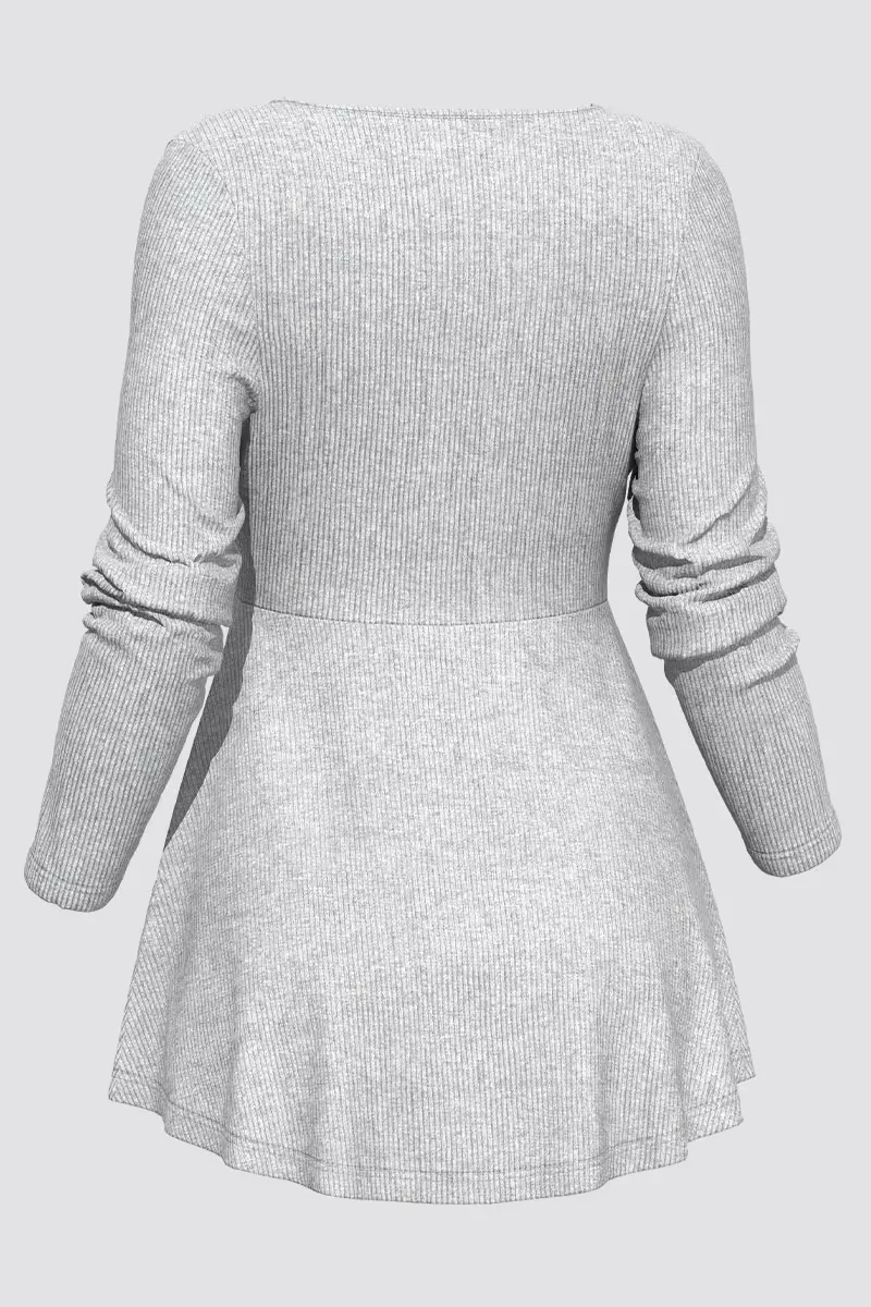 Damska koszulka z długim rękawem Plus Size Casual Grey Rib Lace-Up Square Neck Autumn Spring Fashion Basic Soft Pullovers Tee Top