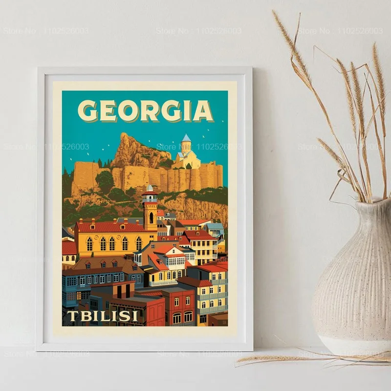 Poster Prints Retro Georgia Tbilisi Vintage Map, Travel Postcad City Wall Art Canvas Painting Picture Living Room Home Decor