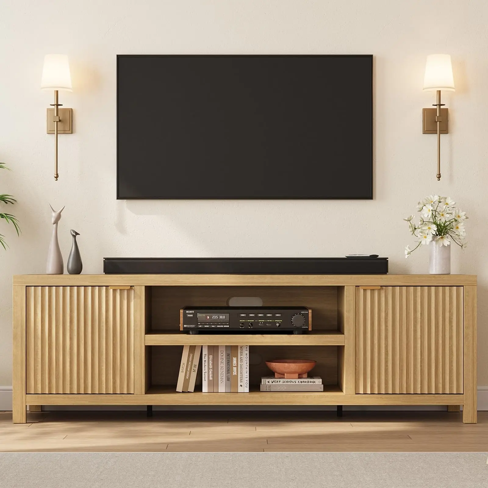 Fluted TV Stand for 75+ Inch TV, Modern Entertainment Center with 2-Tier Storage & Adjustable Shelves, Media Console Cabinet with 2 Fluted Doors & Gold Handles for Living Room Bedroom