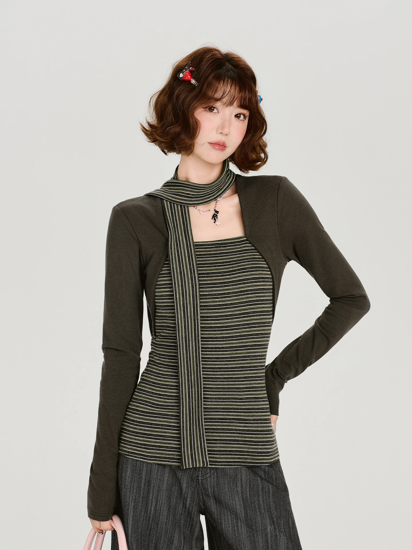 

Женская облегающая футболка с длинным рукавом в американском ретро-стиле, имитация двухслойности, в полоску, сексуальный топ, осенняя новинка