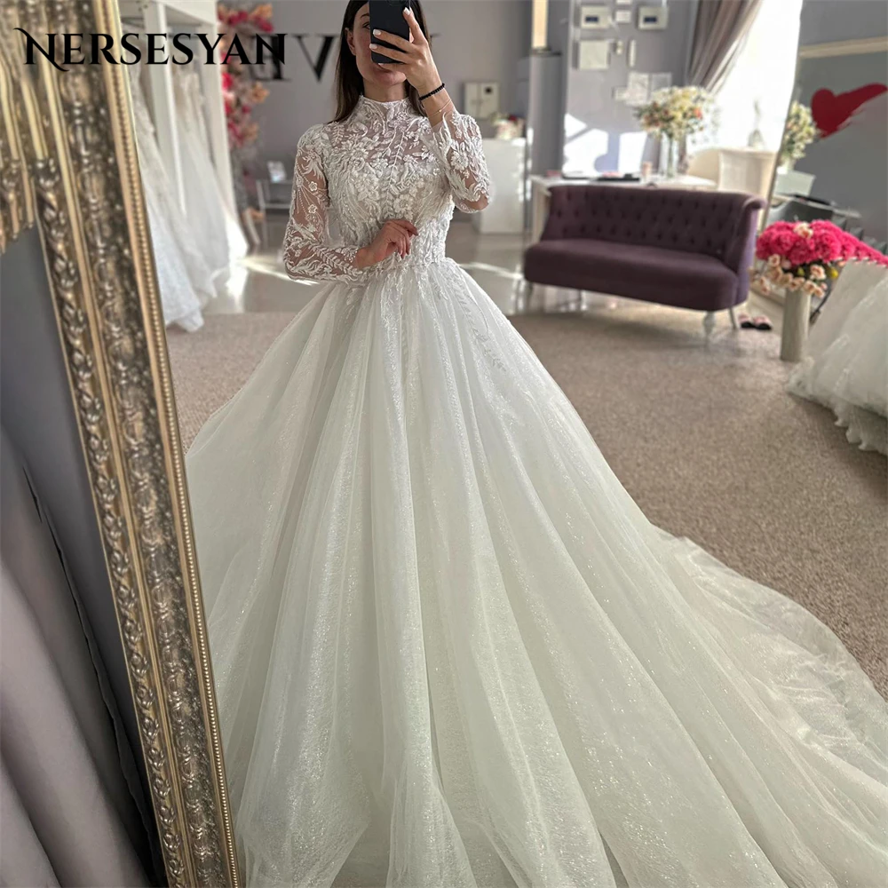 Nersesyan Glitter Lace Vintage Wedding Dresses High Neck Appliques Sleeves Shiny Bridal Gowns Sparkly Princess Bride Dress 2024