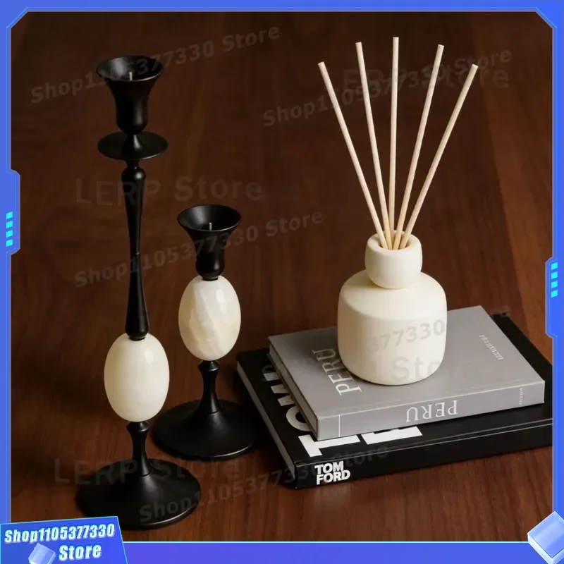 Black Metal Oval Candle Holder Retro Light Luxury Stone Decor for Living Room Entrance TV Cabinet Hotel Sales Department