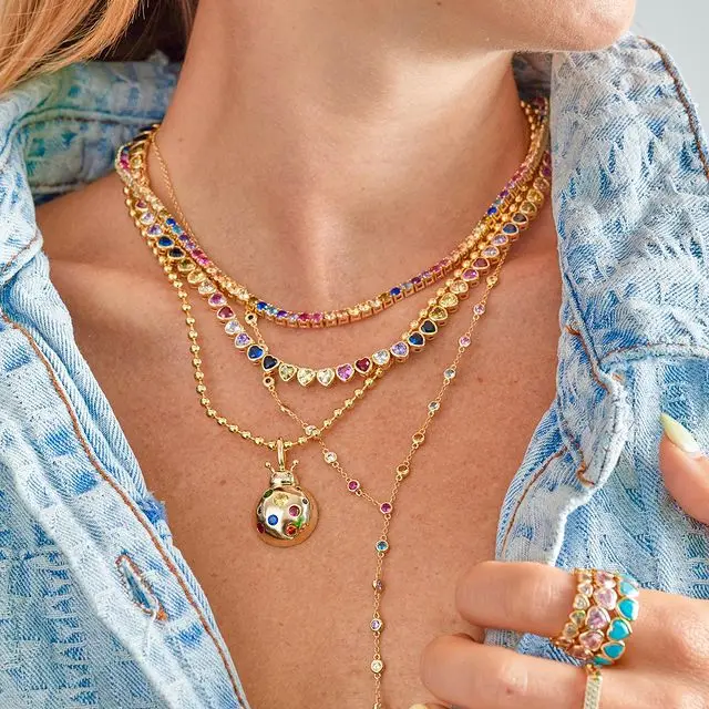 Long Y Lariat Sexy Women Chain Necklace Geometric Round Bezel Dots Rainbow Cubic Zirconia CZ Jewelry