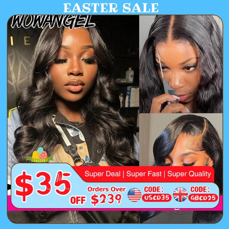 WOWANGEL 13x6 HD Parrucche Anteriori Del Merletto 34 pollici Dell'onda Del Corpo Glueless Parrucca Dei Capelli Umani 250% Pre Pizzicate Pelli Fuste Capelli Brasiliani Per Wowen