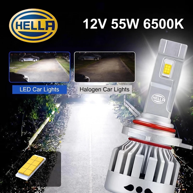 HELLA LED H4 H7 H11 HB3 HB4 HIR2 H1 Max Power 55W 4500LM Car Headlight 6500K White Max Lumen Watt LED Bulbs 2X