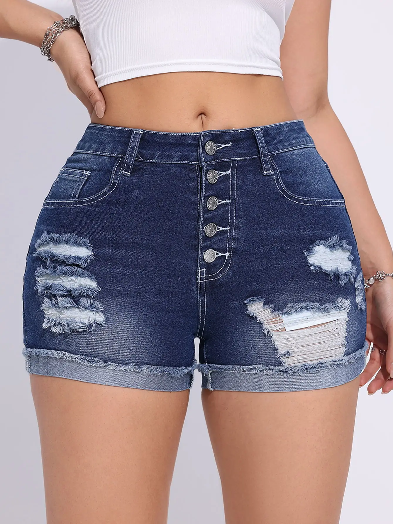 

American style hot girl ripped straight tube shorts for women in summer, rolled-edge jeans, high-waisted and slimming pants