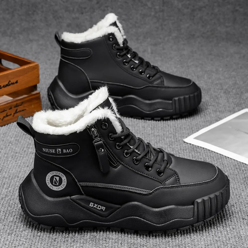 أحذية رجالية شتوية بنعل سميك، أحذية صوفية وسميكة من القطن الدافئ، أحذية رجالية متوسطة الارتفاع مقاومة للبرد في الهواء الطلق