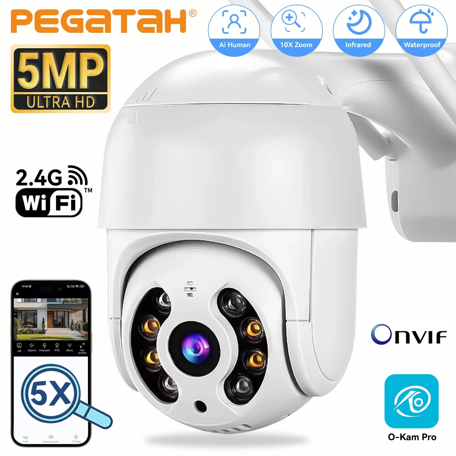 

PEGATAH 5MP Smart Wi-Fi PTZ камера безопасности наружная скоростная купольная 5-кратный зум автоматическое отслеживание ONVIF CCTV IP камера видеонаблюдения