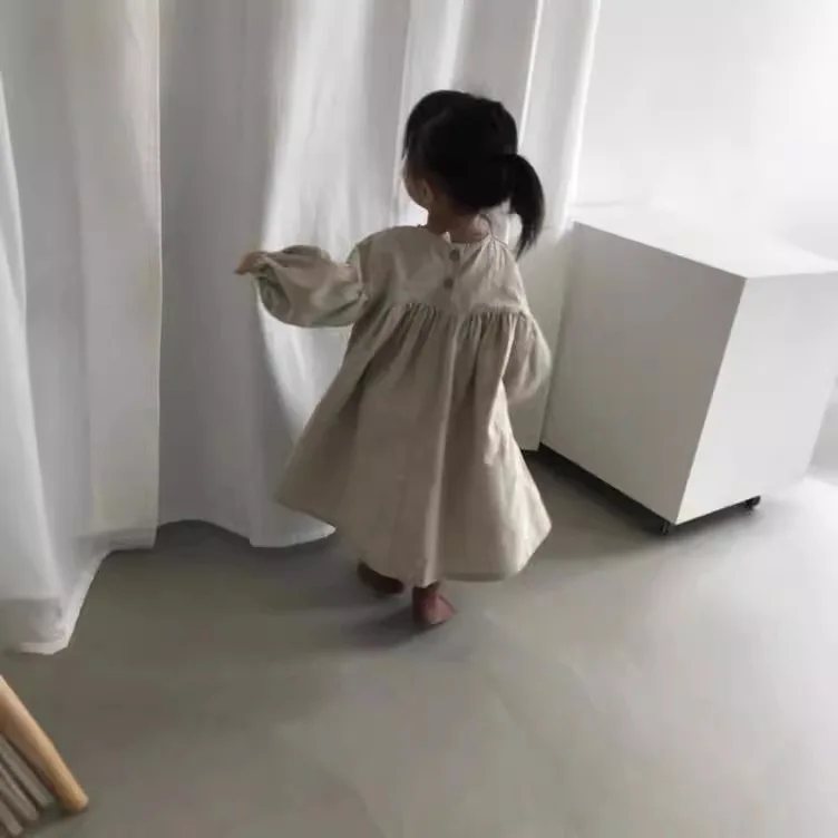 2026 Japanese and Korean Autumn Girls' Dress Children Simple Cotton and Linen Lantern 9-inch Sleeve A-line Dress