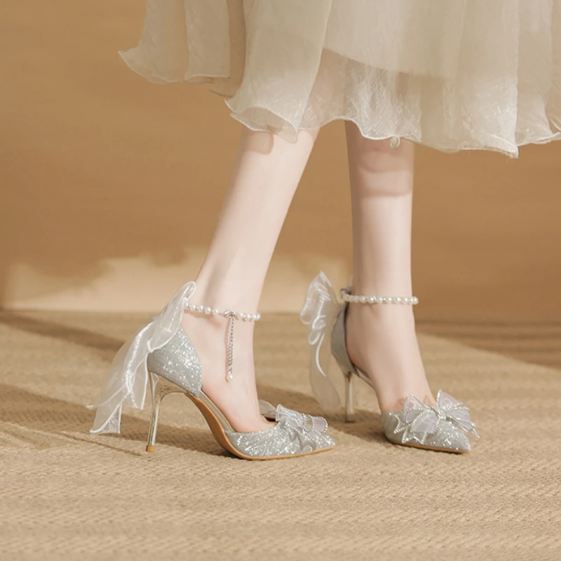 Woman Fairy Style Wedding Shoes Spring Elegant Silver Sequin Pointed Toe Party Pumps Bow Bride Thick Heel Single Shoes