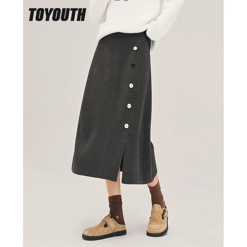 

Toyouth Women Plush Skirt 2022 Winter A Line Elastic Waist Loose Vented Hem Button Design Chic Casual Streetwear Midi Skirt