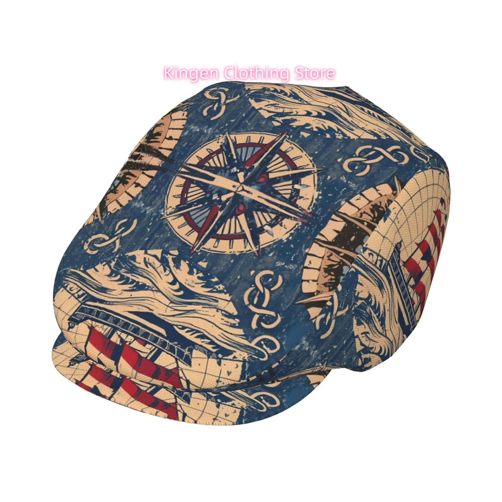 1pc Nautical Compass & Sailboat Vintage Cap for Men & Women - Adjustable Flat Newsboy Beret Ivy Irish Cabbie Fishing Gatsby Bean