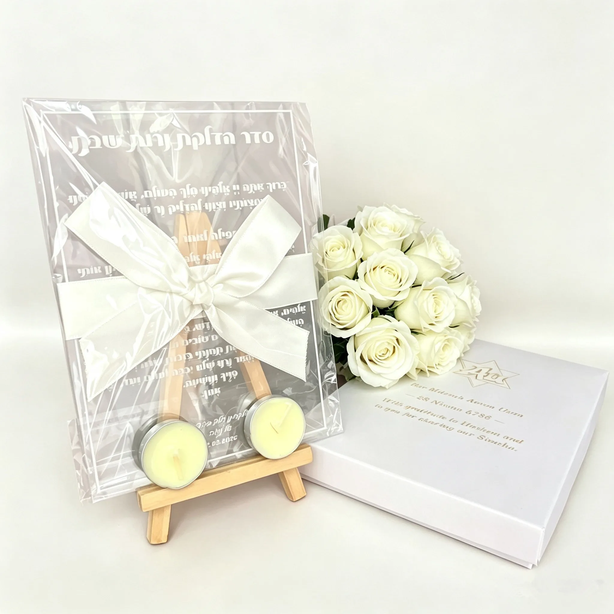 10pcs Personalize Shabbat Candle Lighting Card with Box Hebrew Chanukah Memory White Ink Print Bar Mitzvah Prayer Card Wood Base