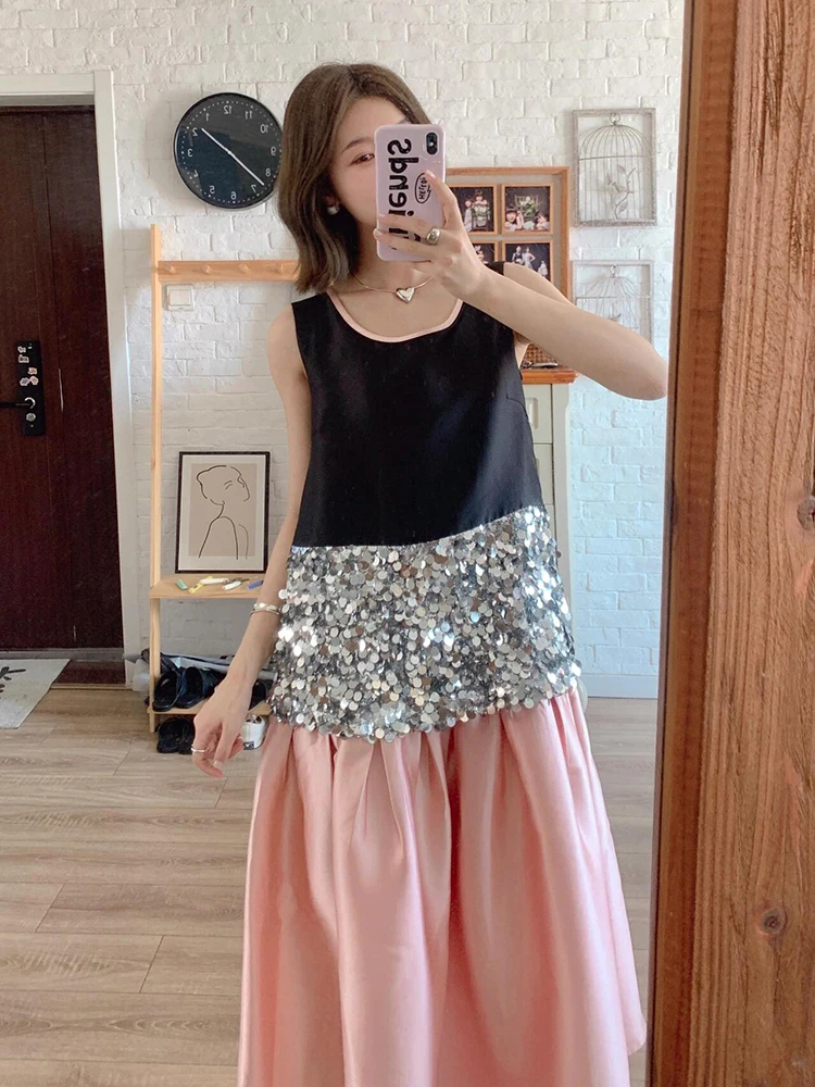 ReddaChic Women Sequined Tank Long Skirt Pretty and Elegant Color Block Ruffle Skirt Stitch Tank Top Set Work Summer Clothes view 4