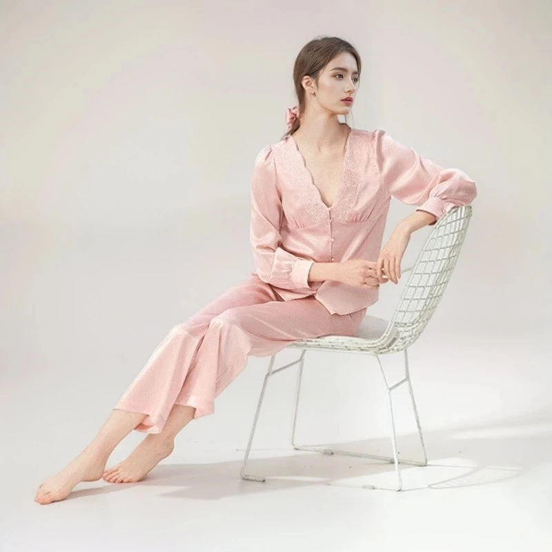 100% Pure Mulberry Silk Pajama Set Lace V Neck Button Front Long Sleeve Trousers Luxury Satin Sleep Loungewear Suit Gift For Her