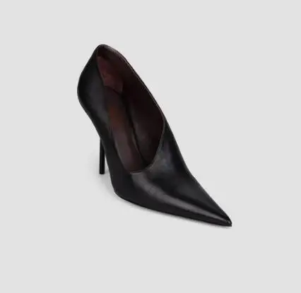 Elegant Women Black Leather Pointed Toe V‑Cut Pumps Thin Stiletto High Heels Slip‑on Closed Toe  Ladies Party Dress Shoes