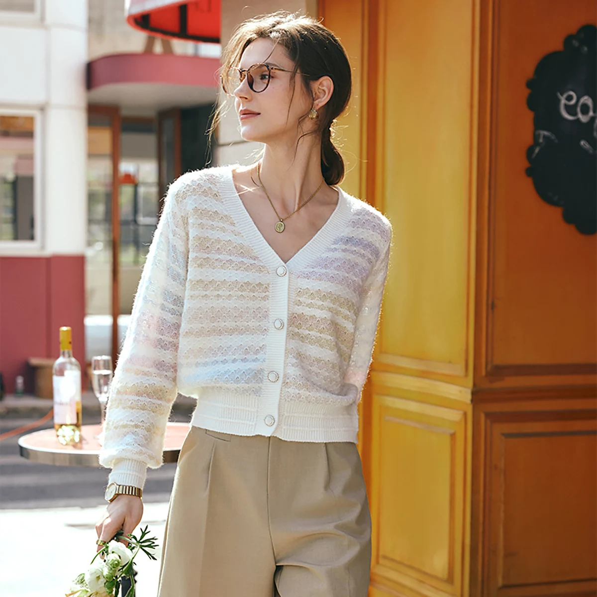 

OLrain полосатый кардиган для женщин ранней осени 2025 тонкий вязаный хлопковый топ с v-образным вырезом повседневная женская одежда с длинными рукавами O24CZ90310