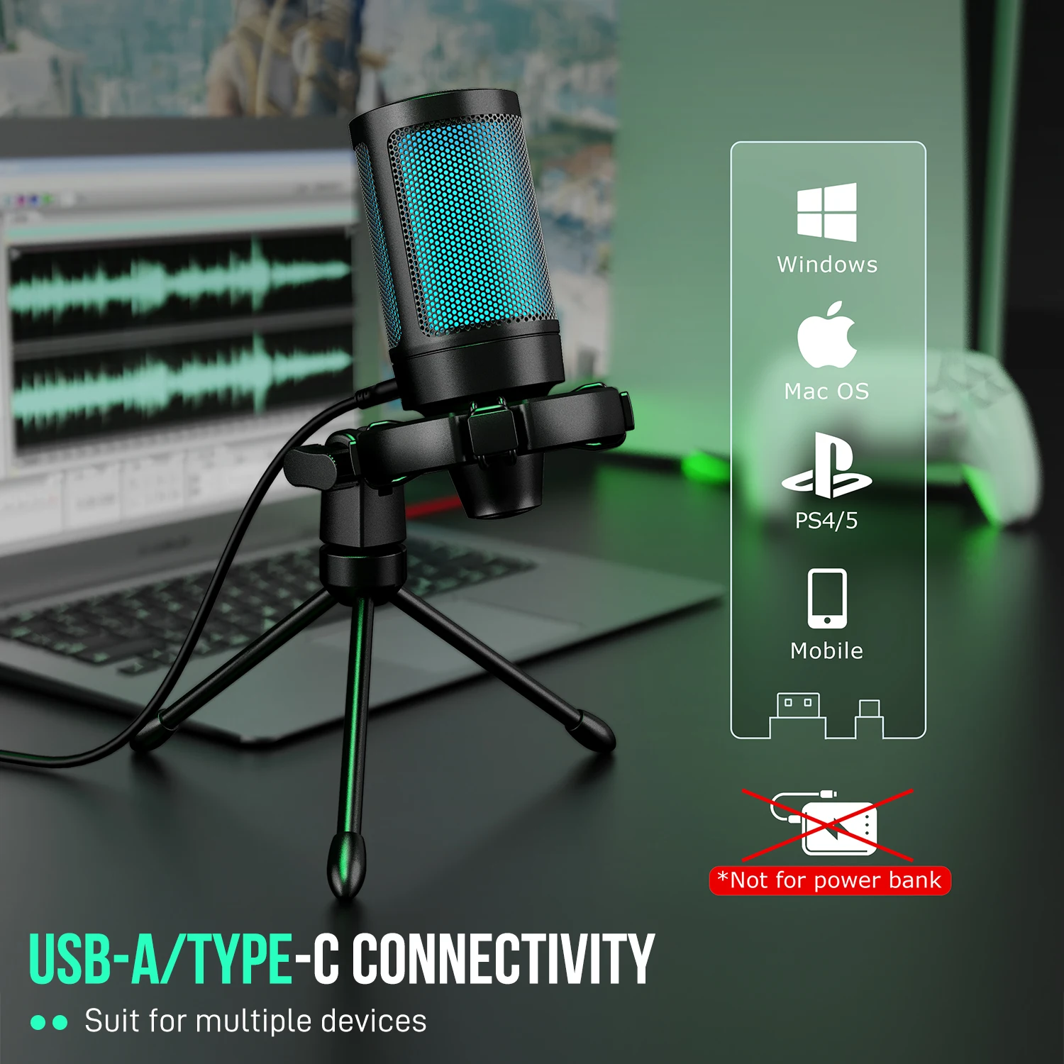 AmpliGame by FIFINE Microfono da gioco USB RGB con muto touch leggero, microfono a condensatore con treppiede per PC, PS4/5, laptop Streaming-A2