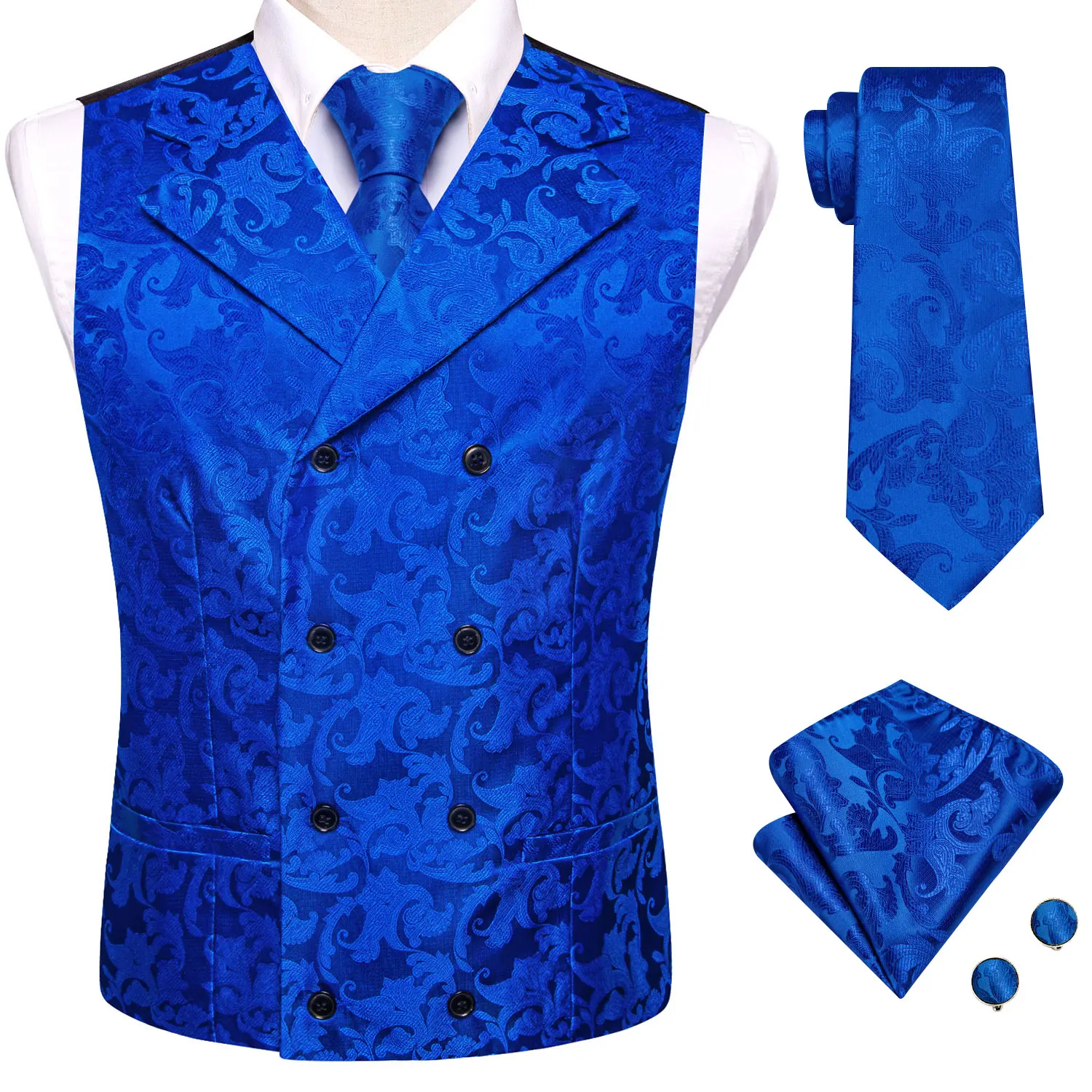 Mens Double Breasted Half Notch Lapel Waistcoat Formal Floral Jacquard Suit Vest Tie Hanky Cufflinks Set Wedding Party Business