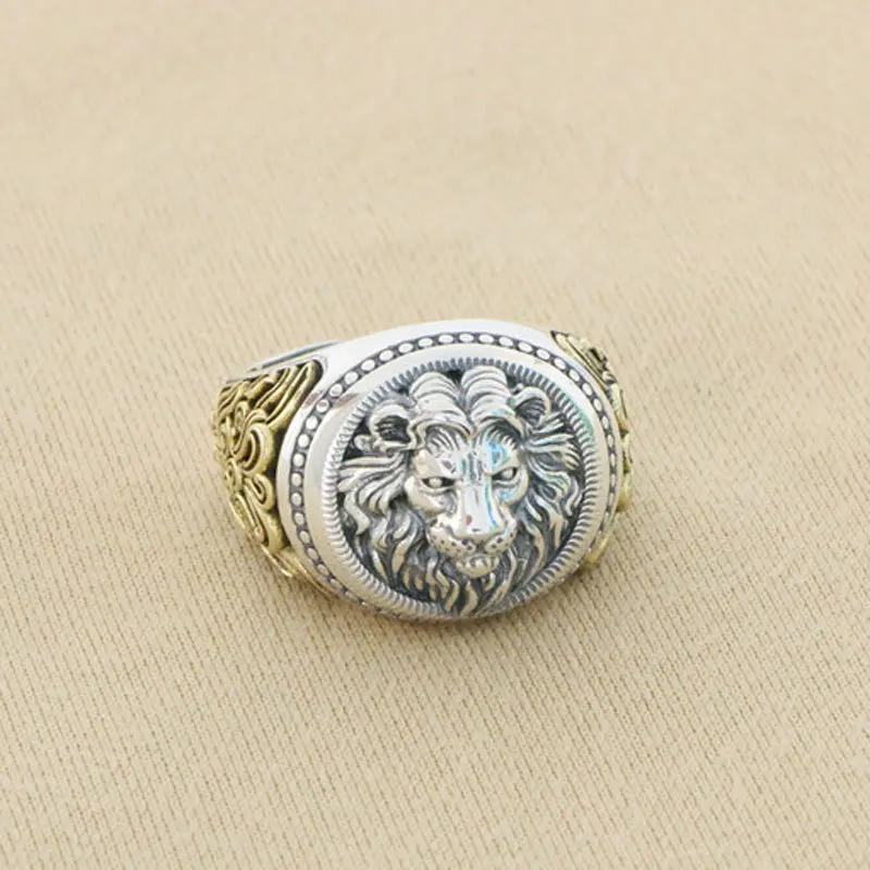 

925 sterling silver lion head ring, men's single ring, index finger ring, trendy brand, three-dimensional inlaid, domineering an