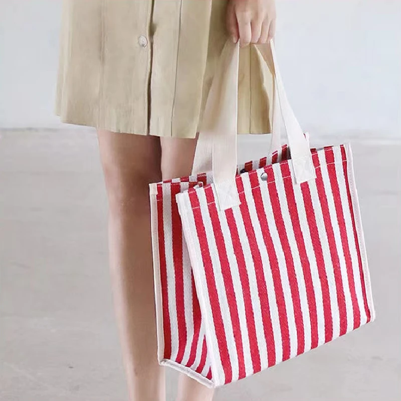 Reusable Canvas Tote for Women, Casual Beach Handbags, Shoulder Bags, Stripe Design, Travel Shopper Tote, Shopping Bag,