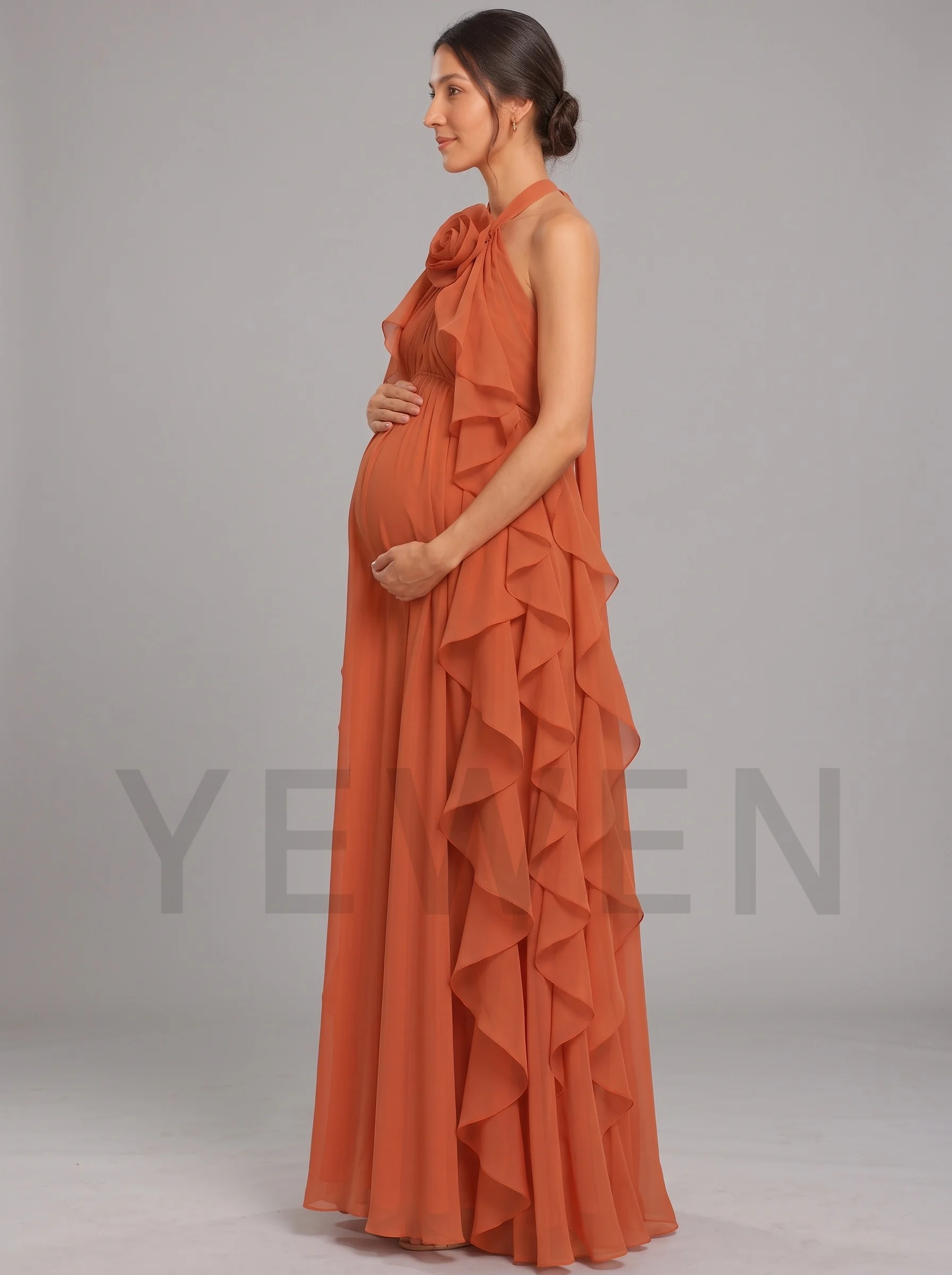 Terracotta Pregnant Dress for Photo Shoot 3D Flower Halter Neck Long Maxi Maternity Skirt Autumn Baby Shower Dress L-26941