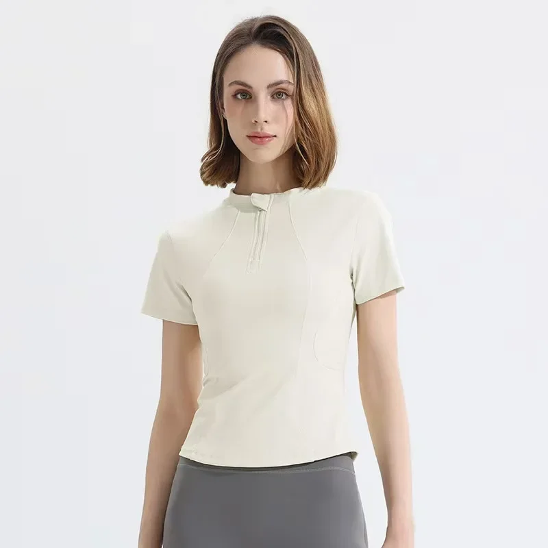 Women's Fitness Short Sleeve T-Shirt Half Zip Quick Dry Breathable Skin-Friendly Nylon Yoga Top Slimming Waist-Cinching