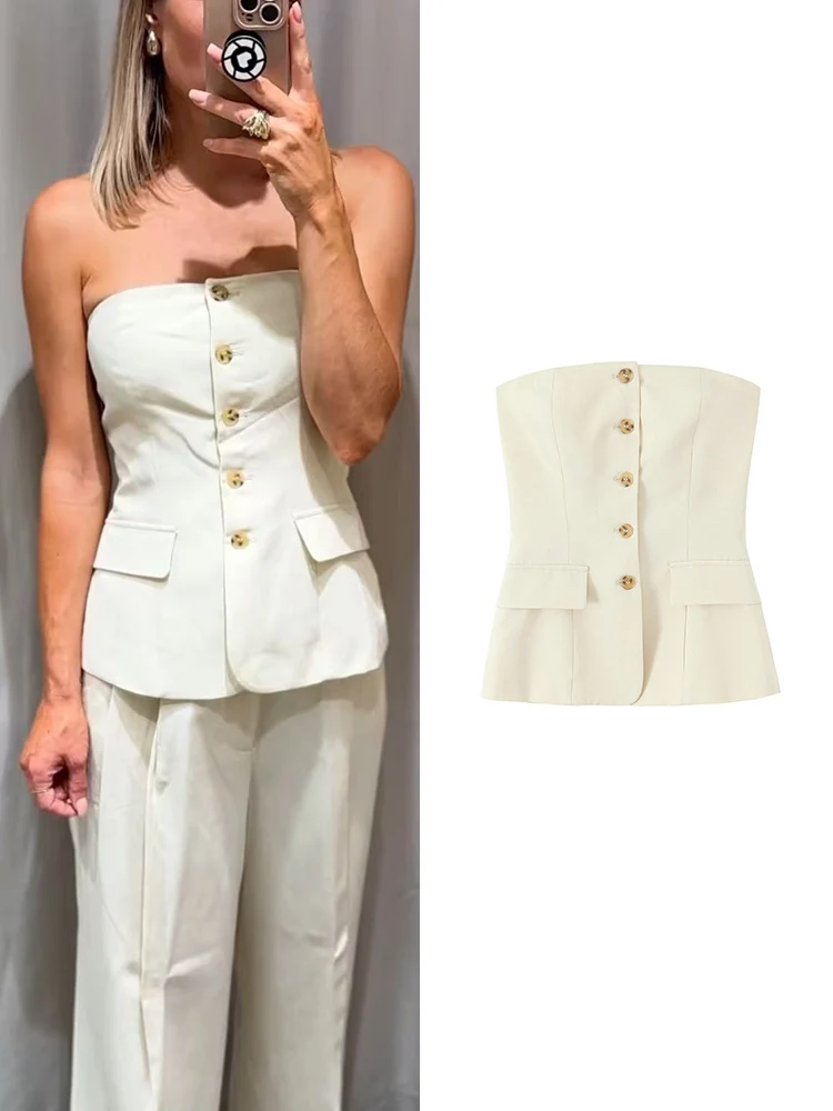 TFMLN Female Elegant Backless Summer Vest Fashion Light Luxury Strapless Solid Slim Streetwear Sexy Tank Top Women's 2025 New