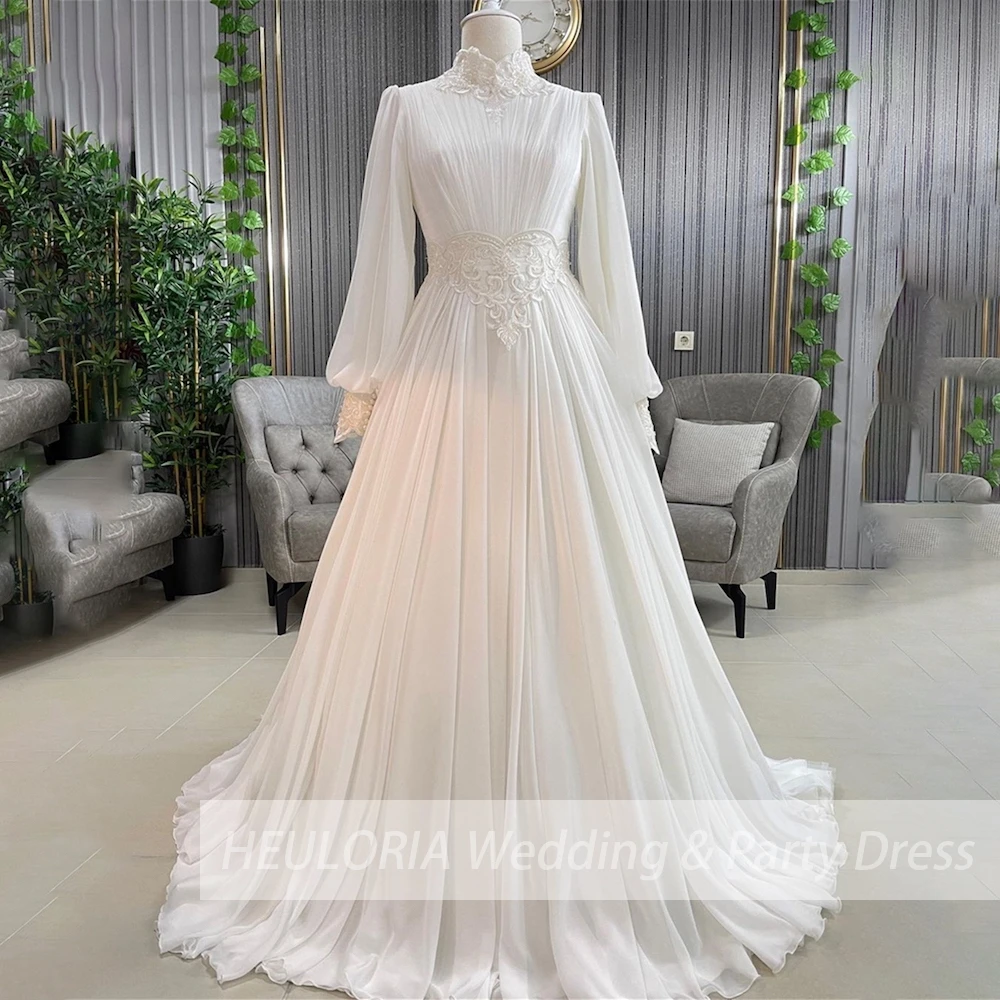 

elegant Muslim Wedding Dress long sleeve high neck chiffon bride dress plus size bride Wedding Gown