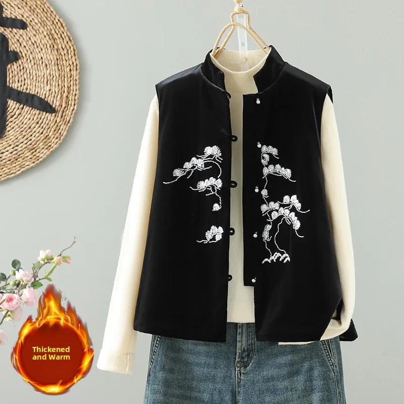 

Women's Velvet Embroidered Jaet Cotton Liner Heavy Work New Chinese Sle Svel Vest Winter Warm Thiened Outerwear