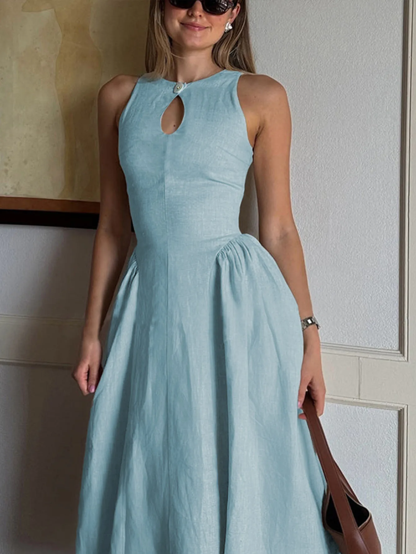 Summer Trend Light Blue Halter Midi Dress for Women – Keyhole Cutout Linen-Blend Casual Brunch Party Dress