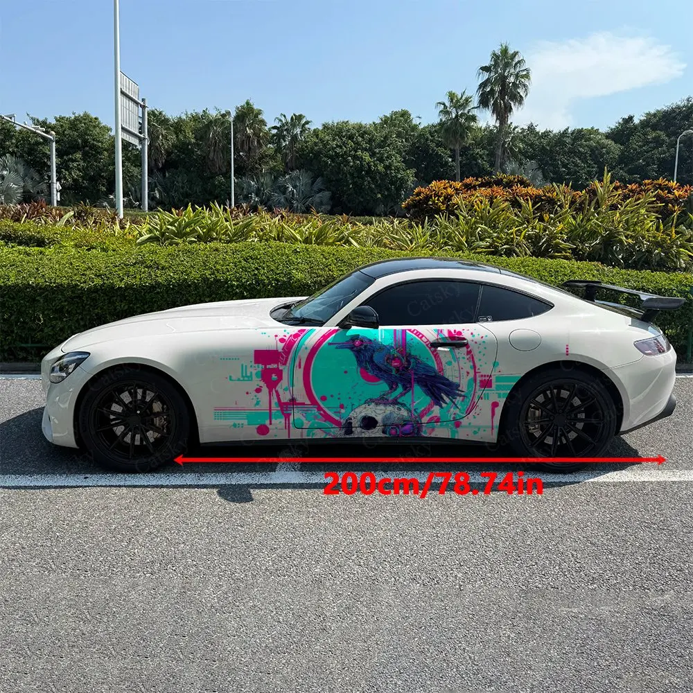 2Pcs Graffiti Mechanical Skull Raven Car Side Wrap, Self-Adhesive PVC Waterproof & Scratch-Resistant Sticker, Car Accessory Gift