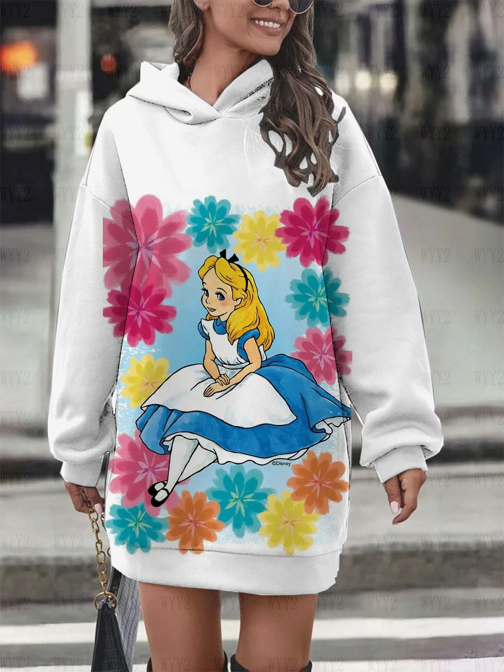 Disney Alice Print Women's Sweater Dress Loose Long Sleeve Fashion Loose Autumn and Winter Long Sleeve Hoodies