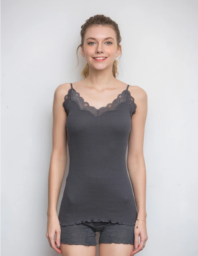 

Knitted French Silk Camisole, Female Underwear, Hot Girl, Threaded Lace Top, 70% mulberry silk +30% cotton