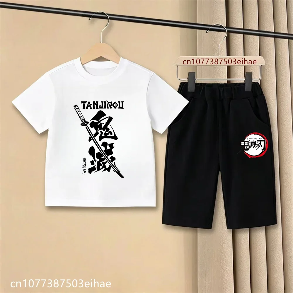 2026 Kids Trendy Streetwear Demon Slayer Anime Print T-Shirt Casual Shorts Ghost Blade Pattern Casual Daily Outdoor Costume Set