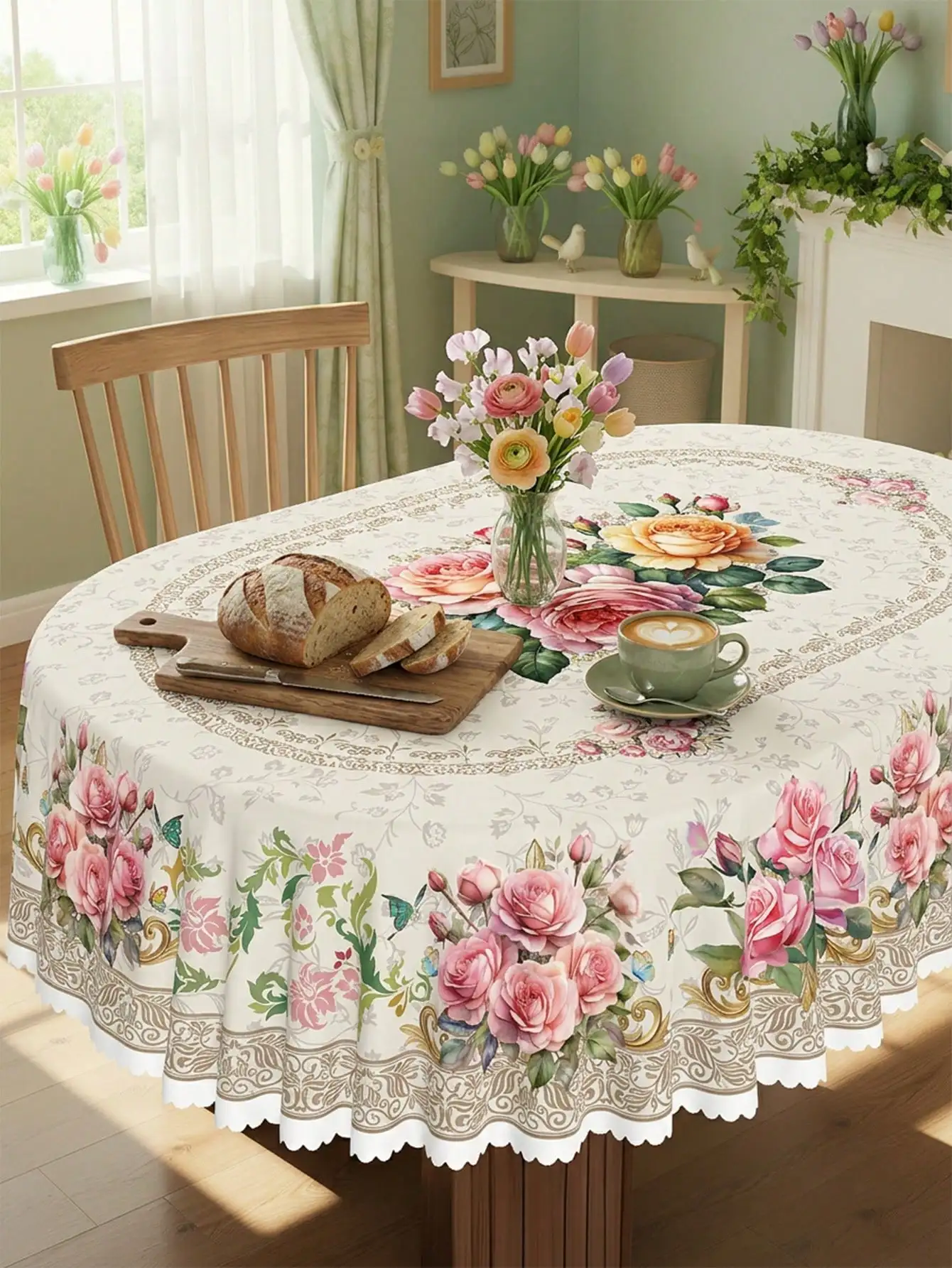 1pc-Vintage Rose Floral Tablecloth, Watercolor Pink Rose Print With Lace Trim Table Cover, Spring & Mother's Day Themed Polyester Decor, Waterproof & Stain Resistant Table Cover For Kitchen Dining Room, sh260310153686196360182