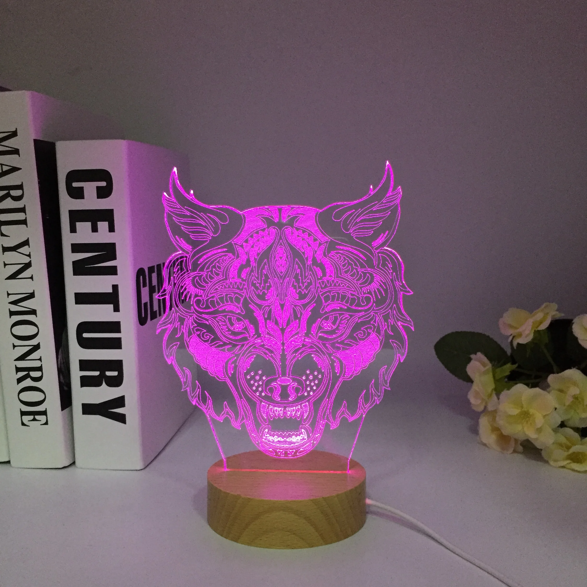 Lobo de madeira 3D LED Night Light for Kids, Touch Illusion, 7 Color Changing, USB Table Lamp, Nightlight, Decoração do Quarto, Presente