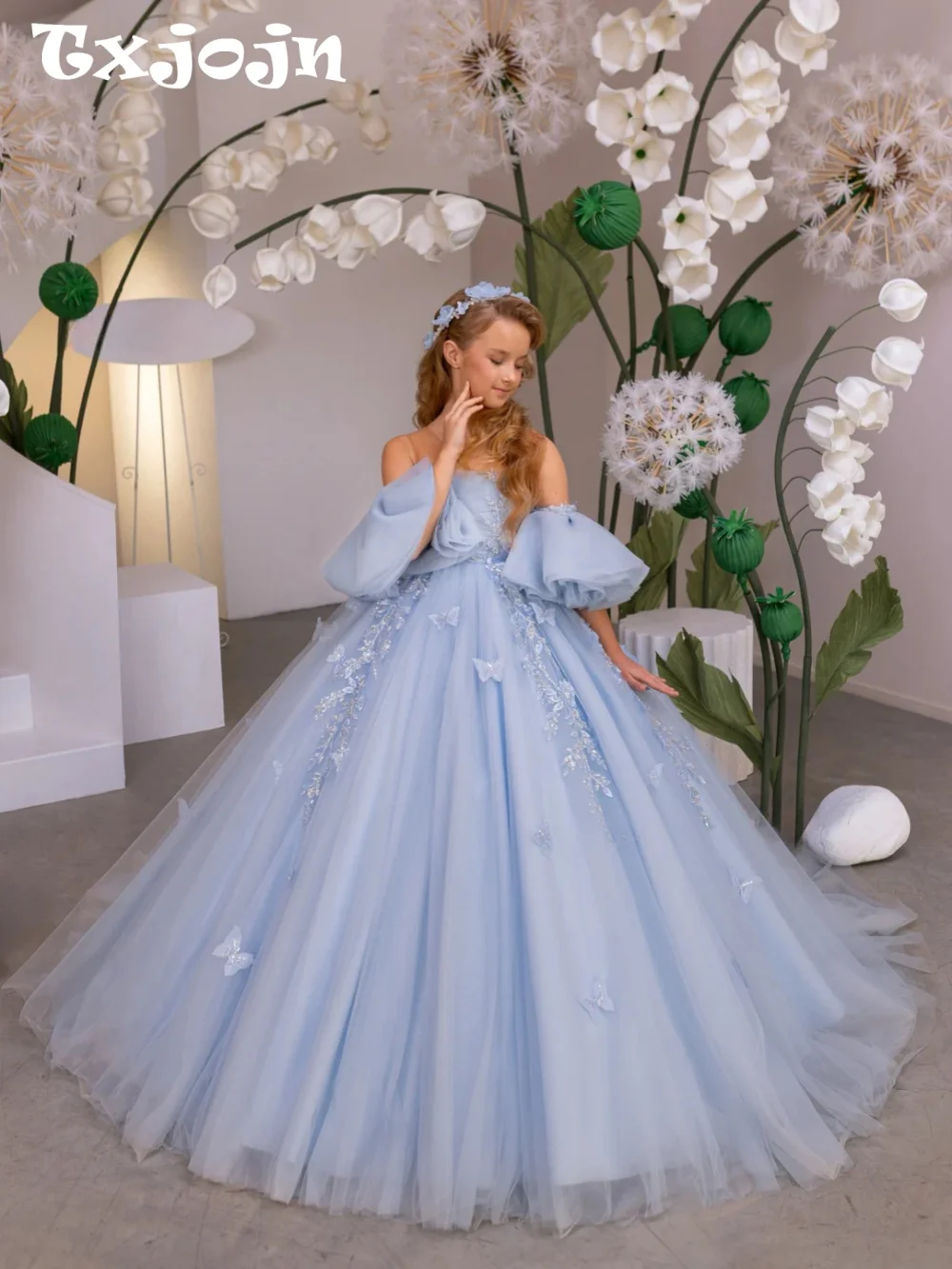 Light Blue Girls Luxury Beaded Princess Gown Birthday Party Wear Detachable Sleeve Lace Appliques Kids Dresses Wedding Outfit