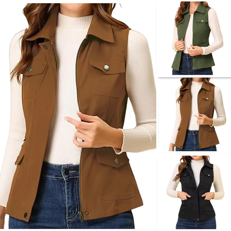 2026 New European And American Best-Selling Women's Vest Amazon Cardigan Zipper Jacket Aliexpress Multi-Pocket Solid Color