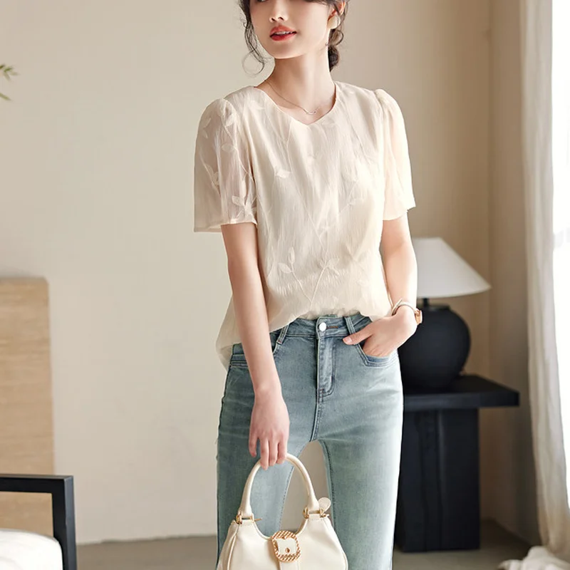 Women Short Sleeve Blouse Chic Summer Clothing 2024 New Korean Style Dongdaemun Female Casual Embroidery Tops Chiffon Blouse