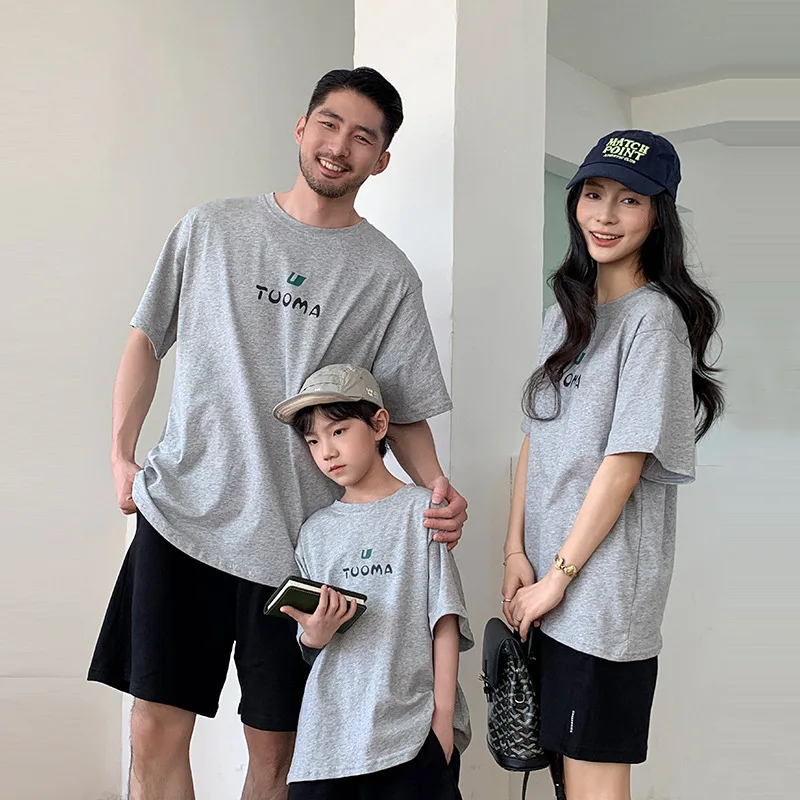 2026 Summer Family Matching T-shirts Letter Print Cotton Short Sleeve Mommy and Me Family of 3 Casual Soft Crew Neck Tees