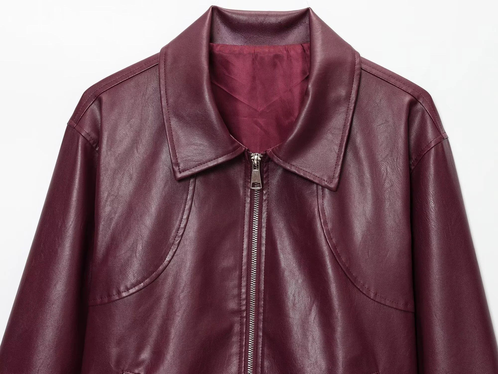 2025, Damen-Herbstjacke, New American Retro, lässig, minimalistisch, Revers, langärmelig, weinrot, Lederjacke