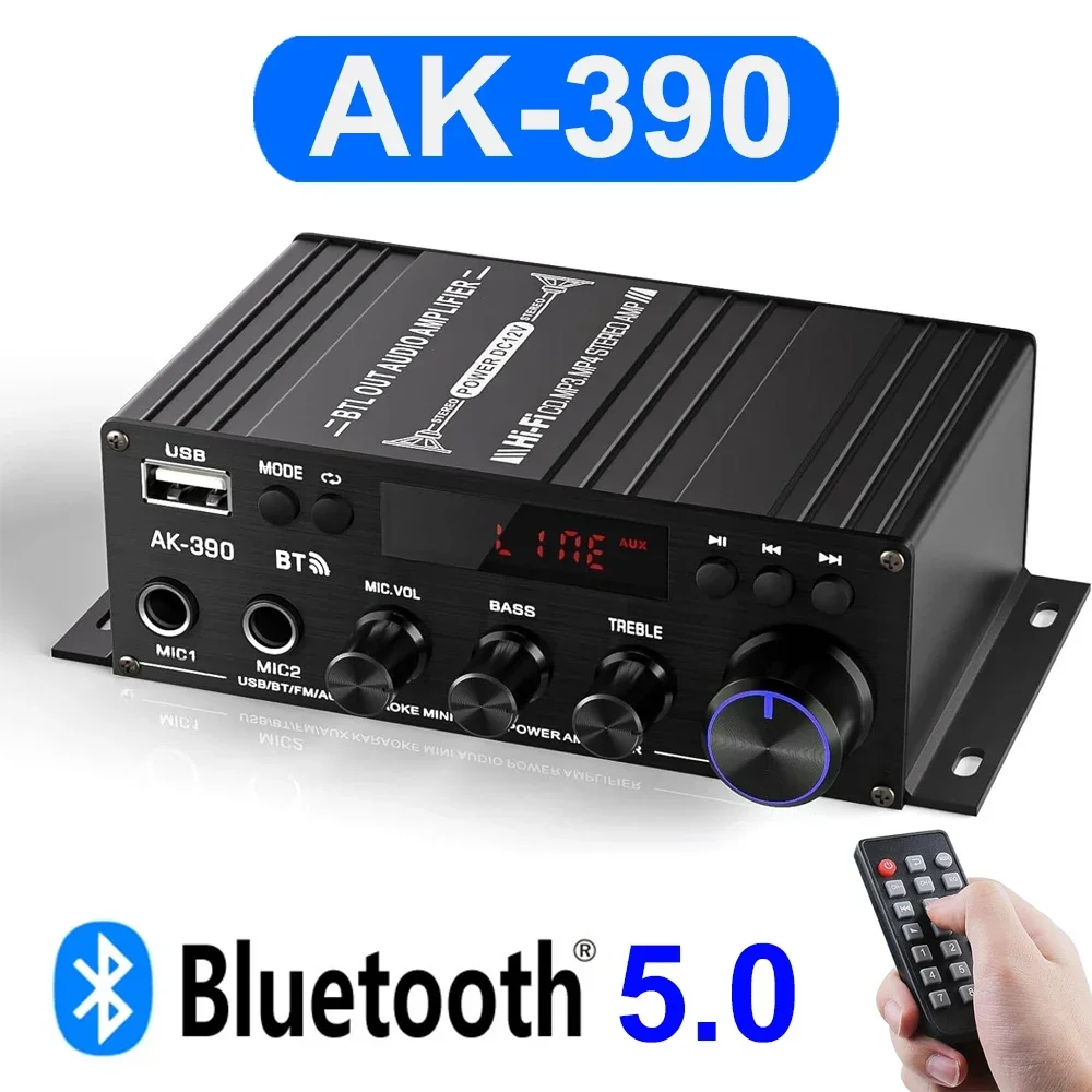 

AK390 HiFi Power Amplifier Bluetooth 5.0 Digital AMP BASS Media Player Supports Channel 2.0 for 4Ω Speakers 12V3A EU US UK Plug