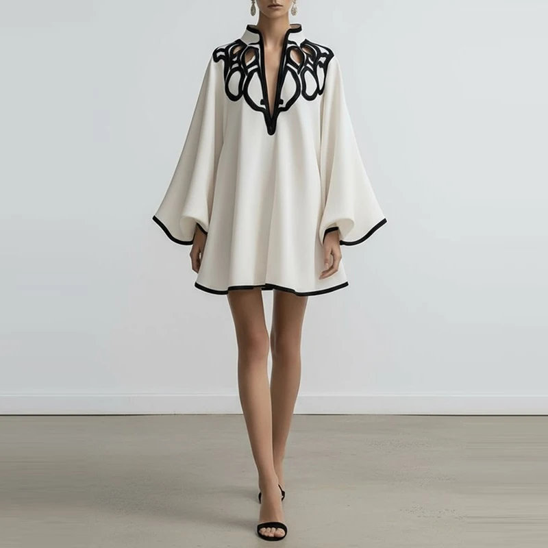 Lässiges Langarm-Pendlerkleid Sexy Ausgeschnittenes Stehkragen-Partykleid Damen Mode Farbblockiertes Loses Urlaubskleid