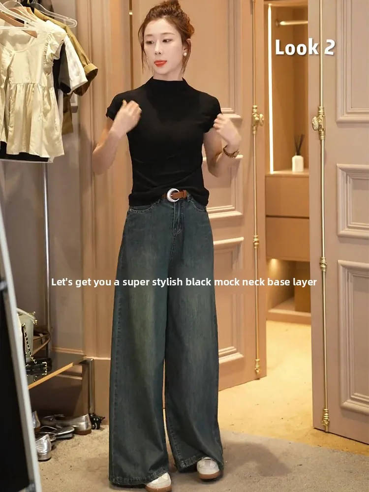 

Женские широкие джинсы Oajer Flagip Store с высокой талией и пуговицами, летняя коллекция, универсальные, глубокого цвета, длинные брюки