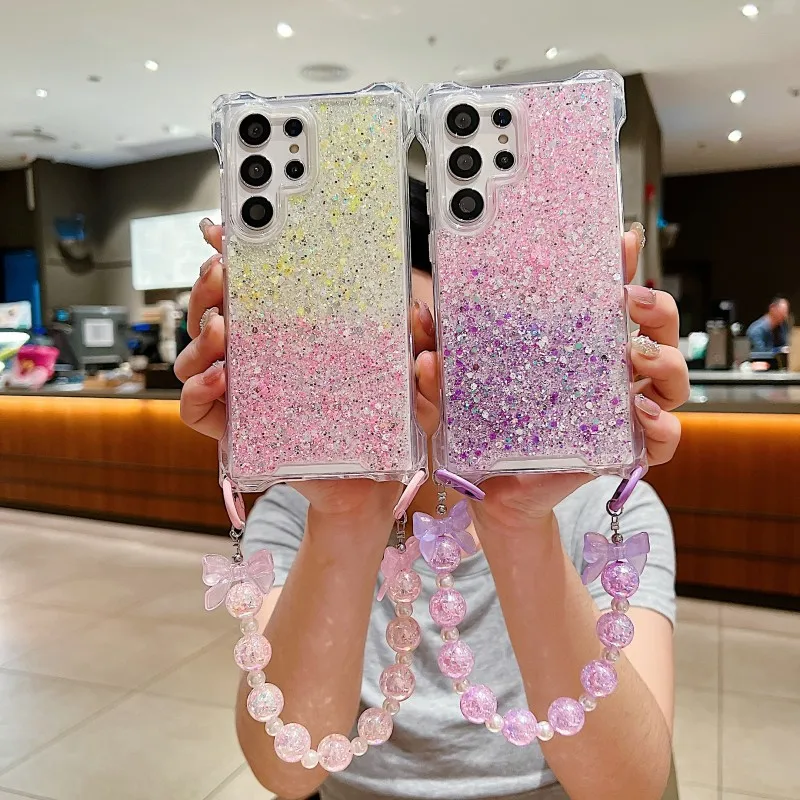 Drop Glue Glitter Strap Case For Samsung Galaxy S24 Ultra S22 S23 Plus A55 A54 A15 Butterfly Crystal Bracelet Four Corners Cover