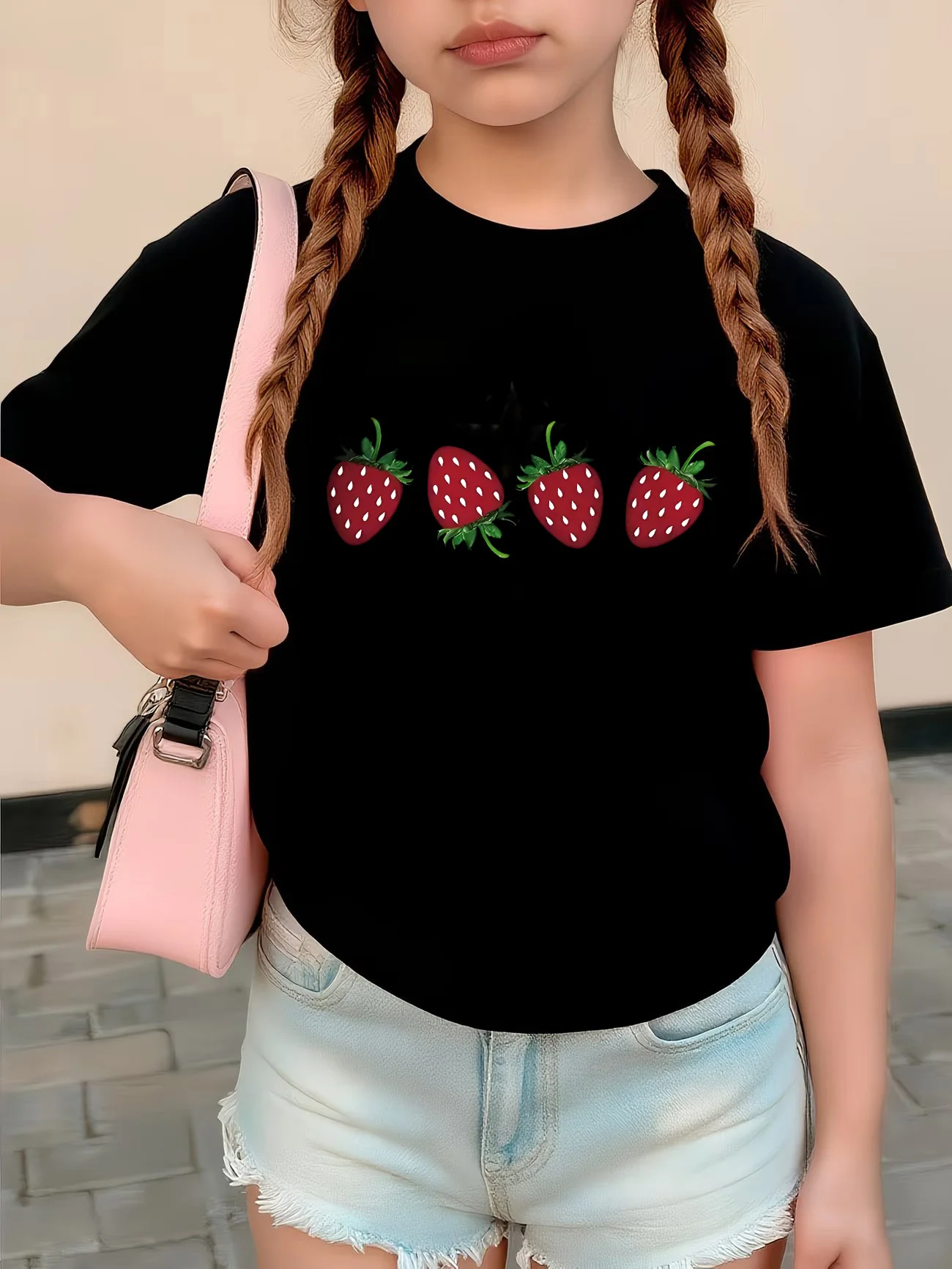 Modische süße Erdbeer-bedruckte T-Shirts mit kurzen Ärmeln für Kinder, Mädchen, Sommer, Frühling, lässiges Top-T-Shirt